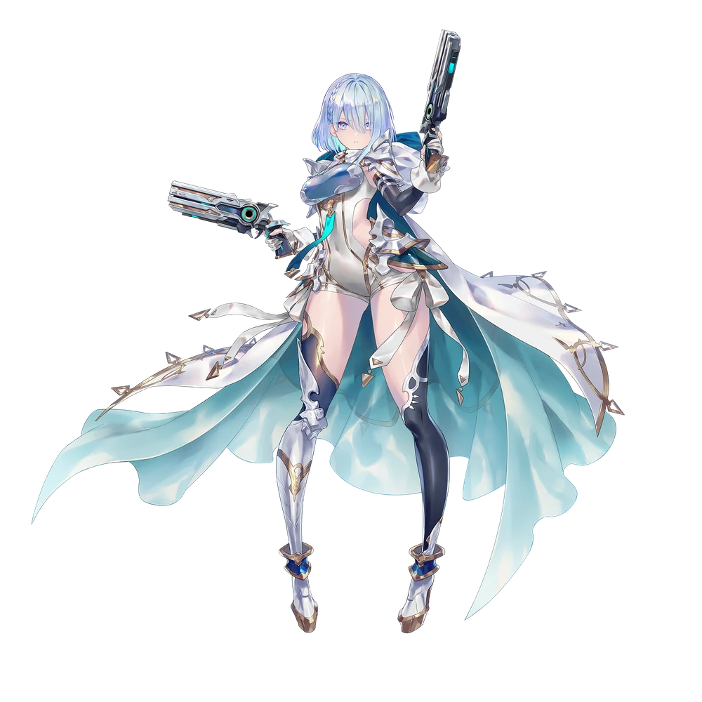 Dreizehn, the Portalcraft leader, holding two handguns